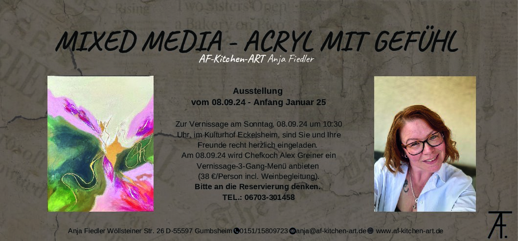 Mehr über den Artikel erfahren Vernissage am 8.9.2024  um 10.30 Uhr mit Anja Fiedler